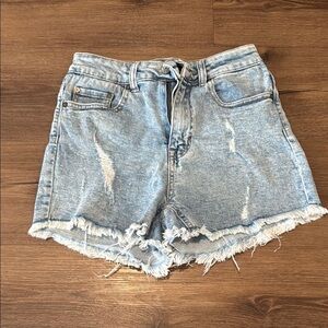Woman's Indigo Rein Distressed High-Waisted Distressed Jean Shorts. Size 5/26